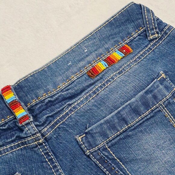 YNO ✦ Boho Denim Shorts ✦ Distressed Blue Cutoffs w/ Woven Waistband Sz 7/8 NWOT - Picture 6 of 7